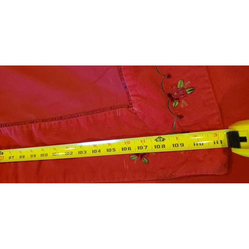 Christmas Cotton Tablecloth Velvet Trim Ribbon Poinsettia Embroidery 58x111